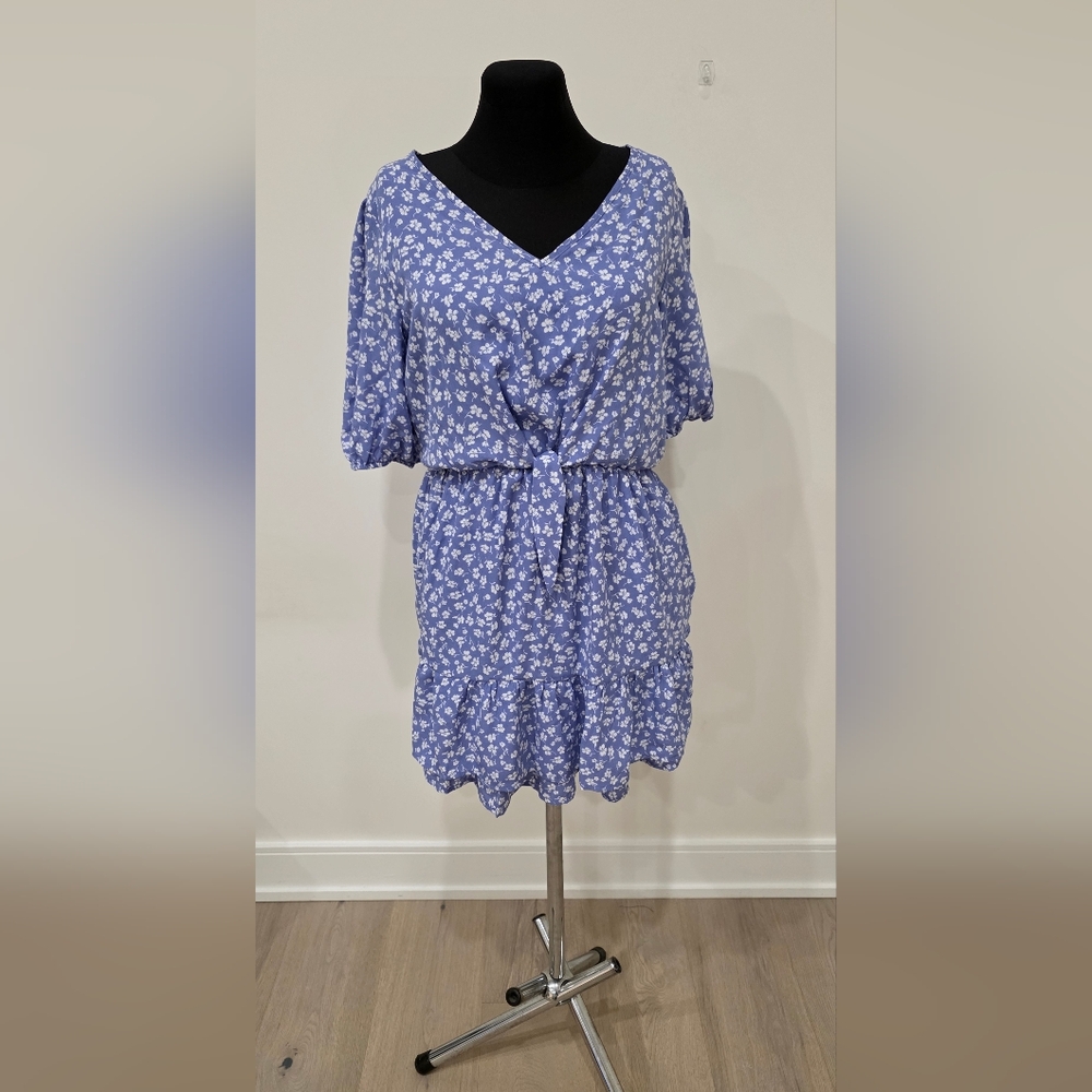 Sienna Sky Blue and White Floral V-Neck Puff Sleeve Mini Sun dress S
